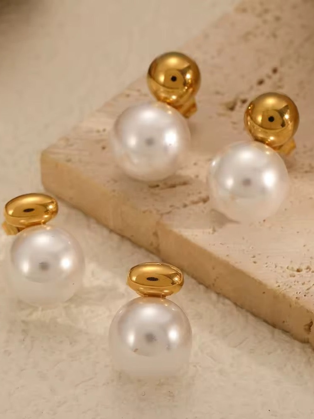 Gold and White Pearl Double-Sided Stud Earrings - Elegant Women's Jewelry